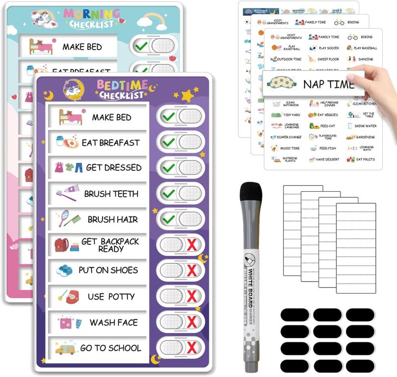 CustomMaster Upgraded 2 in 1 Bedtime/Morning Routine Chart - Magnetic Chore Chart, Cute Visual Schedule Board, Dry Erase Checklist for Kids & Toddlers - Image 1